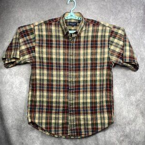 Van Heusen Khaki Classics Shirt Mens M Plaid Short Sleeve Linen Cotton Blend
